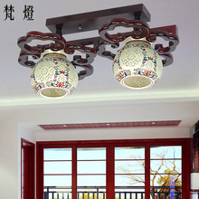 Chinese balcony aisle entrance hallway antique carved wood bar Ceiling Jingdezhen Ceramic lamps lighting