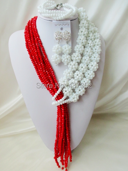 Fashion 2015 New Opaque White Red Crystal Ball Costume Necklaces Nigerian Wedding African Beads Jewelry Set NC1247
