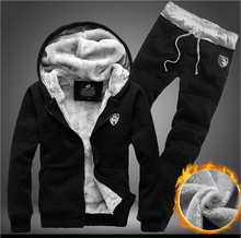 New Arrive Winter Fashion Tracksuits Hooded Men Male Hoodies Sport Suits Fur Lining Jacket Pants Sweatshirt Set Free Shipping
