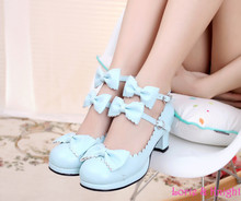 Japanse Harajuku Sweet Princess Girls Double Bowtie Straps Chunky High Heel Lolita Shoes