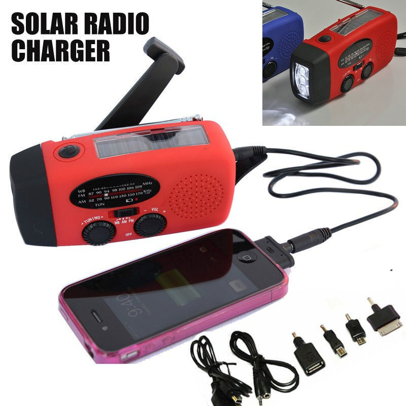 New Solar Dynamo Powered Radio Hand Crank AM FM 3 LED Flashlight Phone Charger power cords