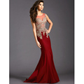 Sexy Ruby Mermaid Evening Dresses with Gold Appliques Lace Illusion Tulle Neckline 2016 New Arrival Formal