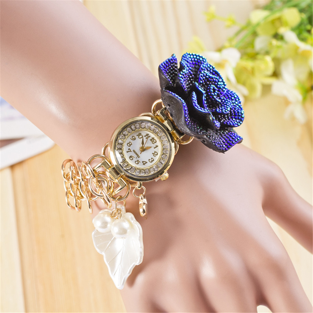 Freeshipping New relogio masculino women quartz Fashion lady Bracelet Watch Pearl Flower Leaf Pendant diamond quartz
