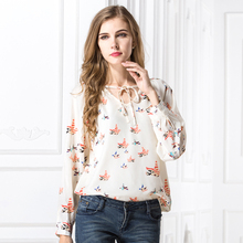 New Women Chiffon Printing Pigeon Blouses Fashion Spring Summer Tops Casual V-neck Long Sleeve Shirt, blusas Plus Size S-XL