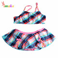 New Style Girls Children Two Pieces Dress Bikini Swimwear 2016 Plaid Biquini Kids Swimsuit Bathing Suit