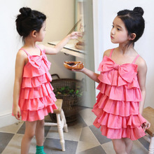 New arrival 2016 summer girls pink layered dress bow slip dress girl baby dresses princess sundress PP-M91