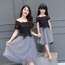 2016 mother daughter matching dresses summer style mommy and me clothes women grey black lace mesh patchwork slim party dress