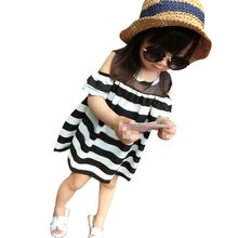 Toddler Infant Baby Girls Sheerness off Shoulder Mini Shirts Striped Dress 2-6YZQ1