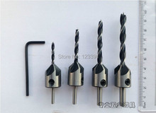 Envío gratis 4 unids carpintería en casa 3 / 4 / 5 / 6 mm tres puntas para trabajar la madera biselado taladros Countersink broca Kit + Wrench