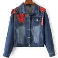 2016 New Women Fashion Vintage Blue Denim Bomber Jacket Boyfriend Style Tassel Pockets Flowers Embroidery Casual