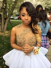 Cute Gold And White Sexy Sheer Appliques Graduation Homecoming Dresses 2016 Sleeveless 8th Grade Prom dresses Sexy Mini Gown H10
