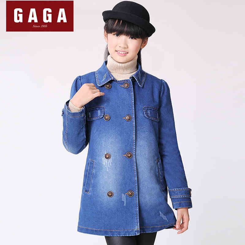 2015 Winter girls denim jacket and long sections thick warm coat children Collar