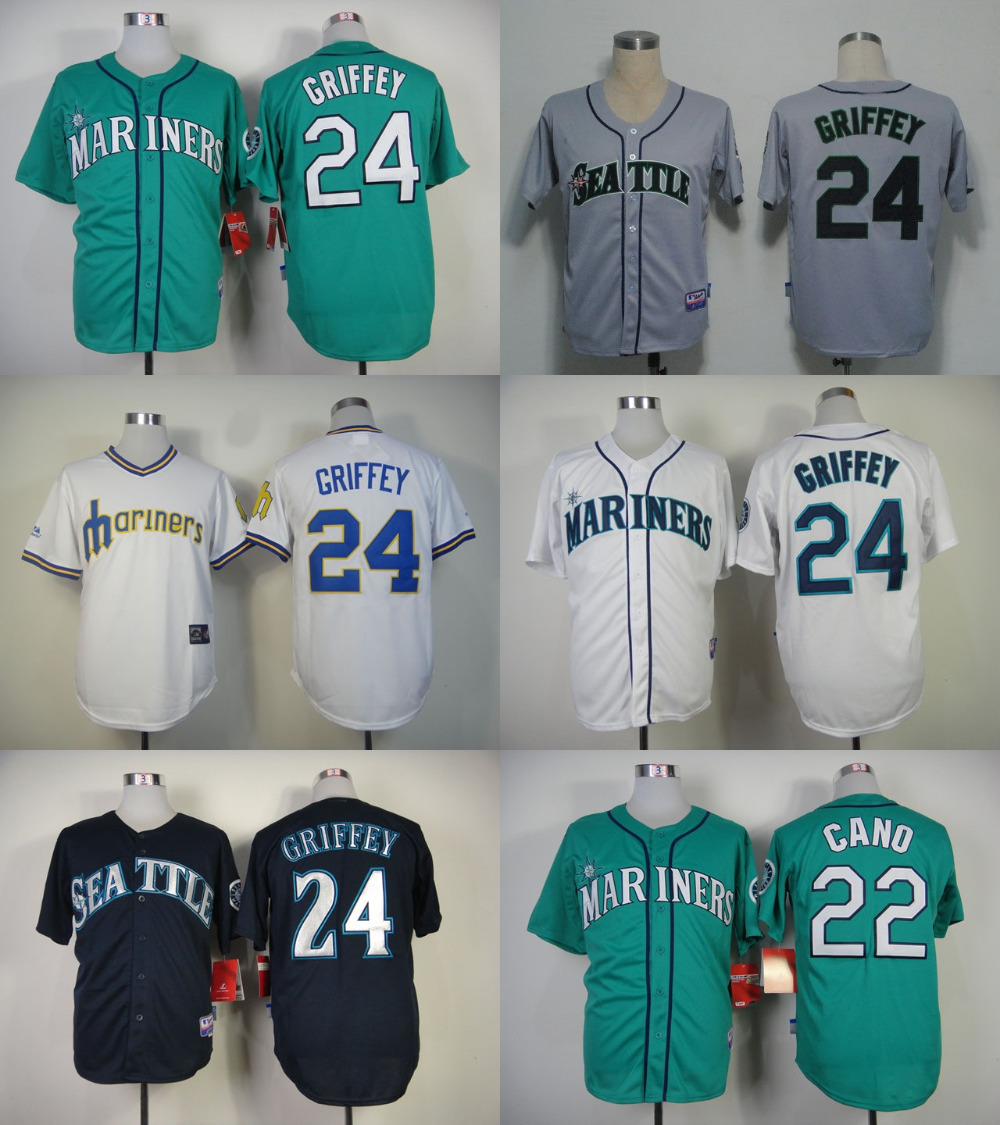 #24 Ken Griffey Jr Jersey Seattle Mariners Baseball Black Gray White Blue Blank Cool Base Stitched