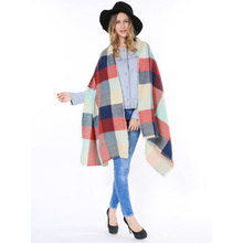2015 Fall Fashion Famous Brand Fringe Double Layer Thick Warm Big Tartan Soft Oversize Cape Women Winter Plaid Poncho Blanket