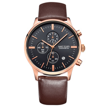 Megir Chronograp negro aqui cuero genuino de la correa del negocio del cuarzo reloj deportivo de lujo hombres reloj de la marca relogio masculino