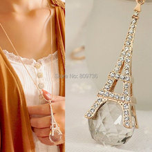 Brand Fashion Paris Eiffel Tower Crystal Rhinestone Ball Pendant Long Chain Sweater Necklace New Women Jewelry Gifts Drop Free
