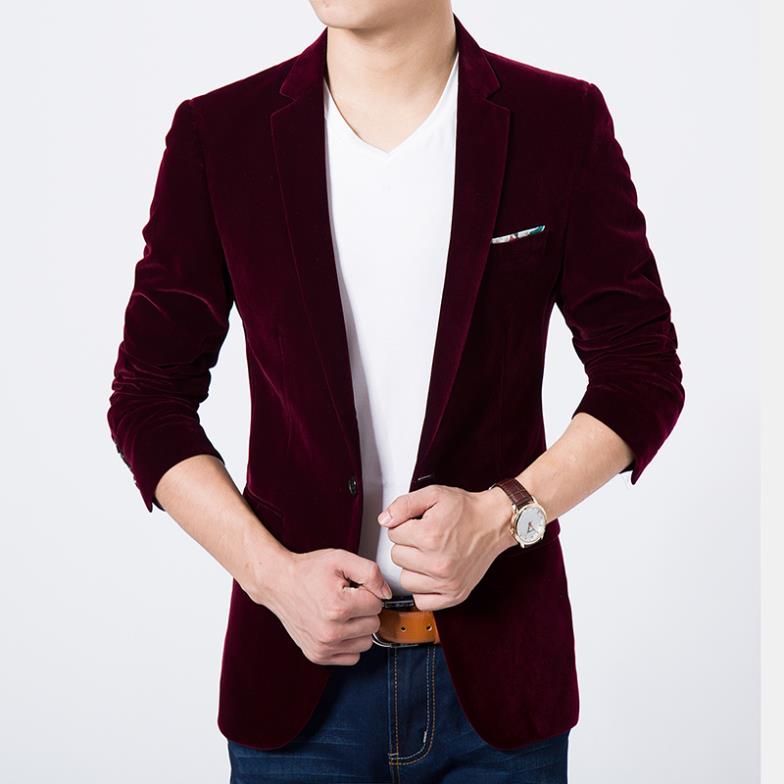 Mens blazer high quality suit jacket korean fashion velvet blue blazer Male casual jacket single breasted