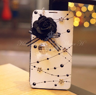 Korea Mr.H Shiny Bling Diamond Flower Beads Flip Leather Case Rhinestones Cover for Samsung Galaxy Note 4 Note4