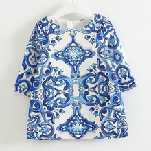 Girls Clothes Kids Dresses Vintage Floral Dresses Beautiful Blue Long Sleeve Blue And White Porcelain Dress for Girls Wholesale