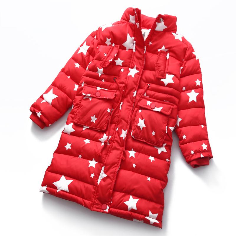 Girls Winter Coat Five-pointed Star Pattern Collar Zipper WinterJacket For Girls Single-breasted Long Kids Coats Girls Winter