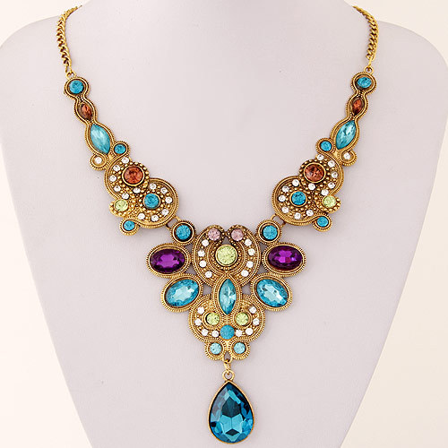 Fine Jewelry Long Blue Maxi Crystal Neclace for Women Vintage Gold Plated Statement Necklaces Pendants Indian