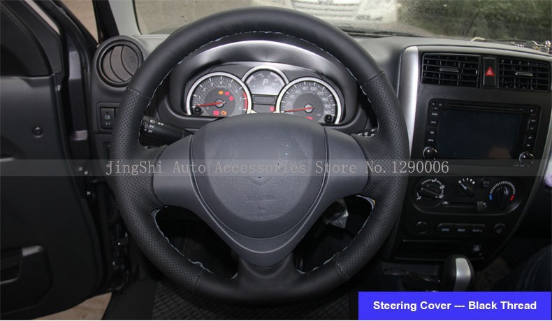 for Suzuki Jimny 2015 Black Leather Steering Wheel Cover Black Red Thread