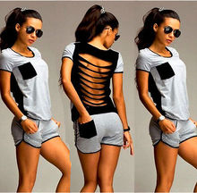 2Pcs Women summer tracksuits sexy backless blouse + hot short pants