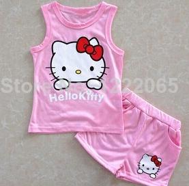 2014 Hot Summer girls suits Hello kitty KT Cat cartoon baby suit short sleeved T shirt