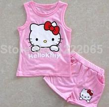 2014 Hot Summer girls suits Hello kitty KT Cat cartoon baby suit short sleeved T shirt