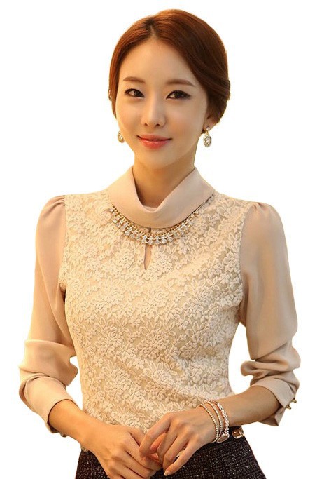 New-2015-Spring-Women-Shirts-Blouses-Korean-Office-Style-Fashion-Elegant-Turtleneck-Chiffon-Long-Sleeve-Lace
