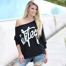 2016 Casual Women T-Shirt New Slash Neck Sloping Off Shoulder Pint Letter Tops Loose Plus Size Black Long Sleeve T shirt MDL3