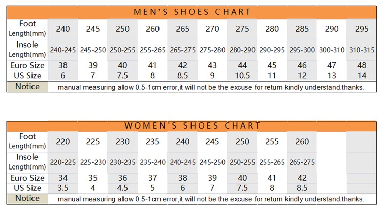 Safety Shoes Size Chart