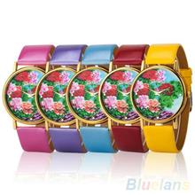 De la mujer relojes Rural flores de peonía impreso Faux del cuero del Dial redondo análogo de cuarzo de pulsera 28F7