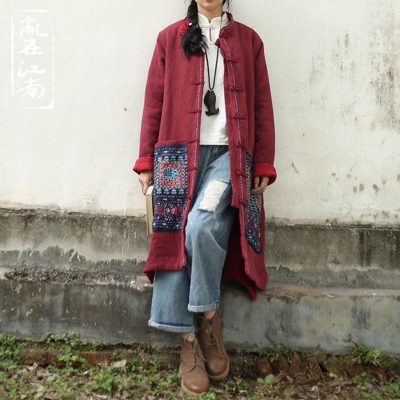 Фотография 2015 Women literary vintage winter coat cotton linen cotton-padded clothes high quality Parkas Windbreaker with big pocket