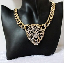 Rihanna Celebrity Jewelry Women Hollow Leopard Head Chunky Chain Necklace With Rhinestone