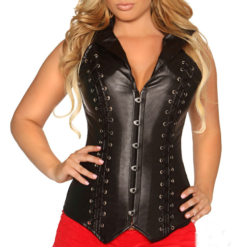 Faux Leather Halter Collared Steampunk Gothic Corset Plus Size Bustier