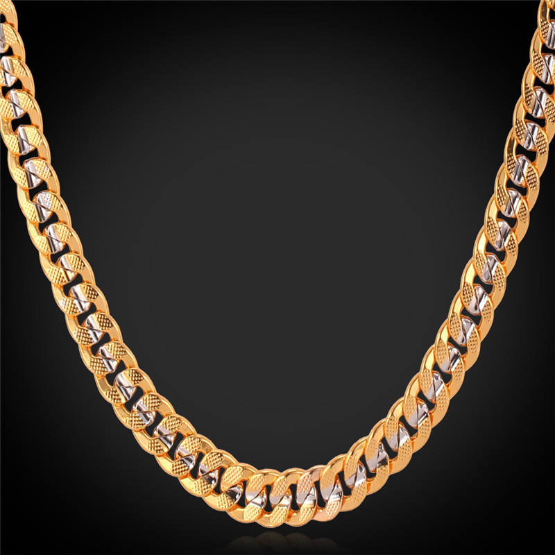 Two tone men gold necklace with '18k' stamp real gold platinum plated wholesale curb chain necklace men jewelry n6363