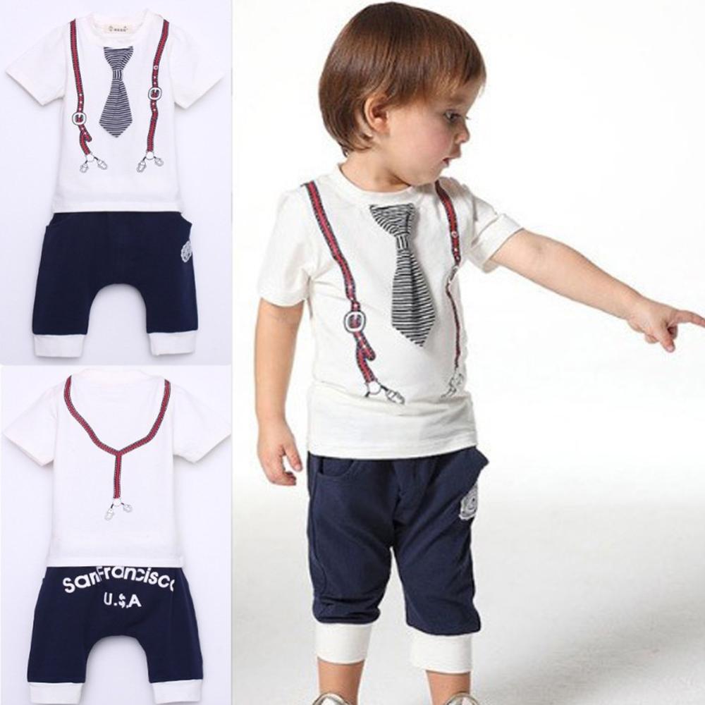 Hot New Kids Baby Boy Cotton Tie Belt Print Top T Shirt Short Pants Tops 1