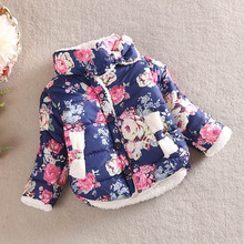 Drop shipping girls warm coat 2015 new baby winter long sleeve flower jacket children cotton padded
