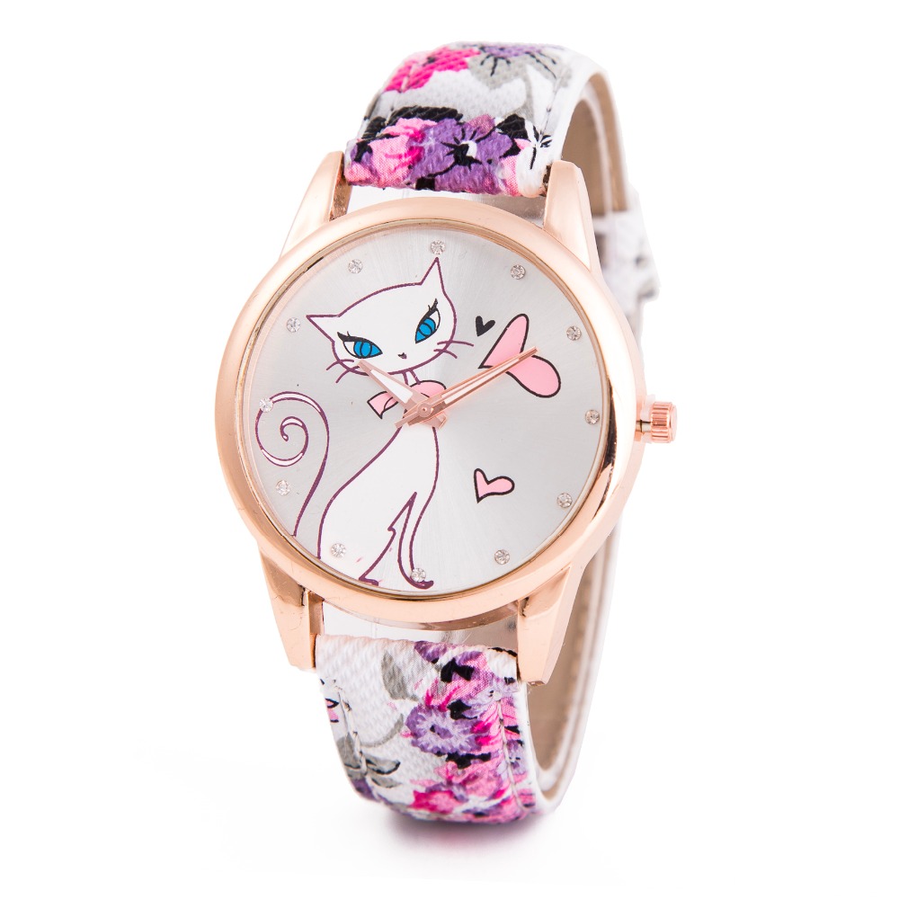 2016 New Style Cute Cartoon Cat Watches Women Fashion Large Numeral Casual Watch Floral Strap Quartz