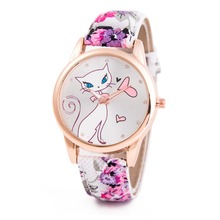 2016 New Style Cute Cartoon Cat Watches Women Fashion Large Numeral Casual Watch Floral Strap Quartz