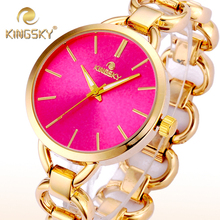 2015 envío gratuito Hot Pink Dial aleación dorado partido ronda mujeres reloj Kingsky marca Original pulsera de la venda del Punk cuarzo reloj