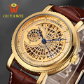 OUYAWEI Men Wristwatches Skeleton Male Clock Leather Strap Steampunk GOLD Casual Watches Automatic Mechanical Watch