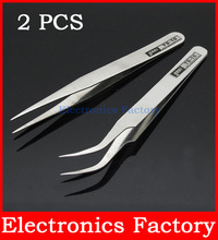 2 Pcs Nonmagnetic Nail Art Rhinestone Stainless Steel Curved Straight Tweezers Tools