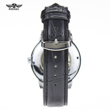 Winner Luxury Carving Skeleton Steampunk Hand Wind Mechanical Silver Genuine Leather Clasp Unisex Lover s Montre