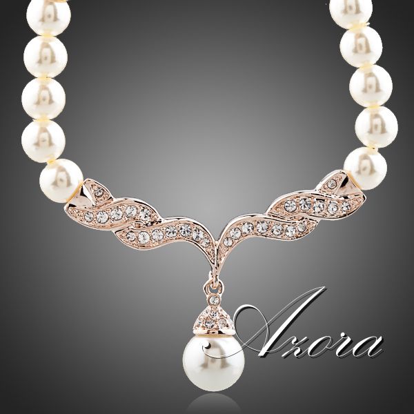 AZORA Fashion Imitation Pearl Love 18K Rose Gold Plated Stellux Austrian Crystal Jewelry Necklace TN0097