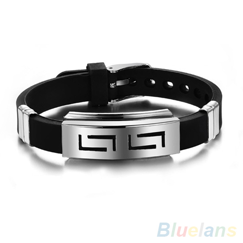 Men s Black Punk Rubber Stainless Steel Wristband Clasp Cuff Bangle Bracelet 28SX