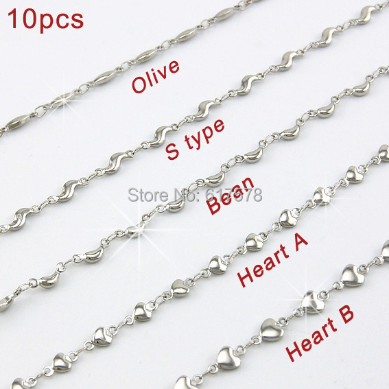 10pcs FASHION JEWELRY silver shapes olive bean heart s Chains 316L Stainless Steel Necklace diy fittings