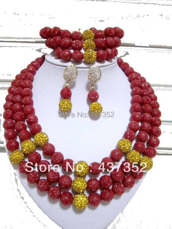 African Nigerian Wedding Jewelry Set Artificial Carved Flower Coral Beads Jewelry Set Necklace Bracelet Clip Earrings CWS-068
