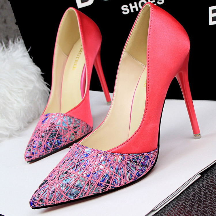 red satin high heel shoes